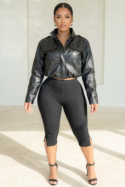 Faux Leather Zip Up Mock Neck Bomber Jacket