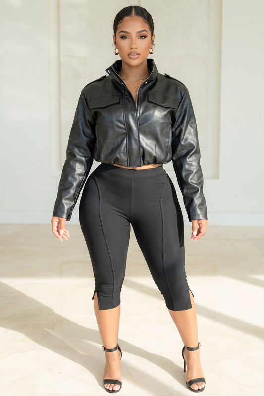 Faux Leather Zip Up Mock Neck Bomber Jacket