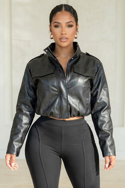 Faux Leather Zip Up Mock Neck Bomber Jacket