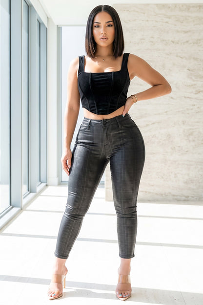 Plaid Pattern Pu Stretchy Skinny Pants