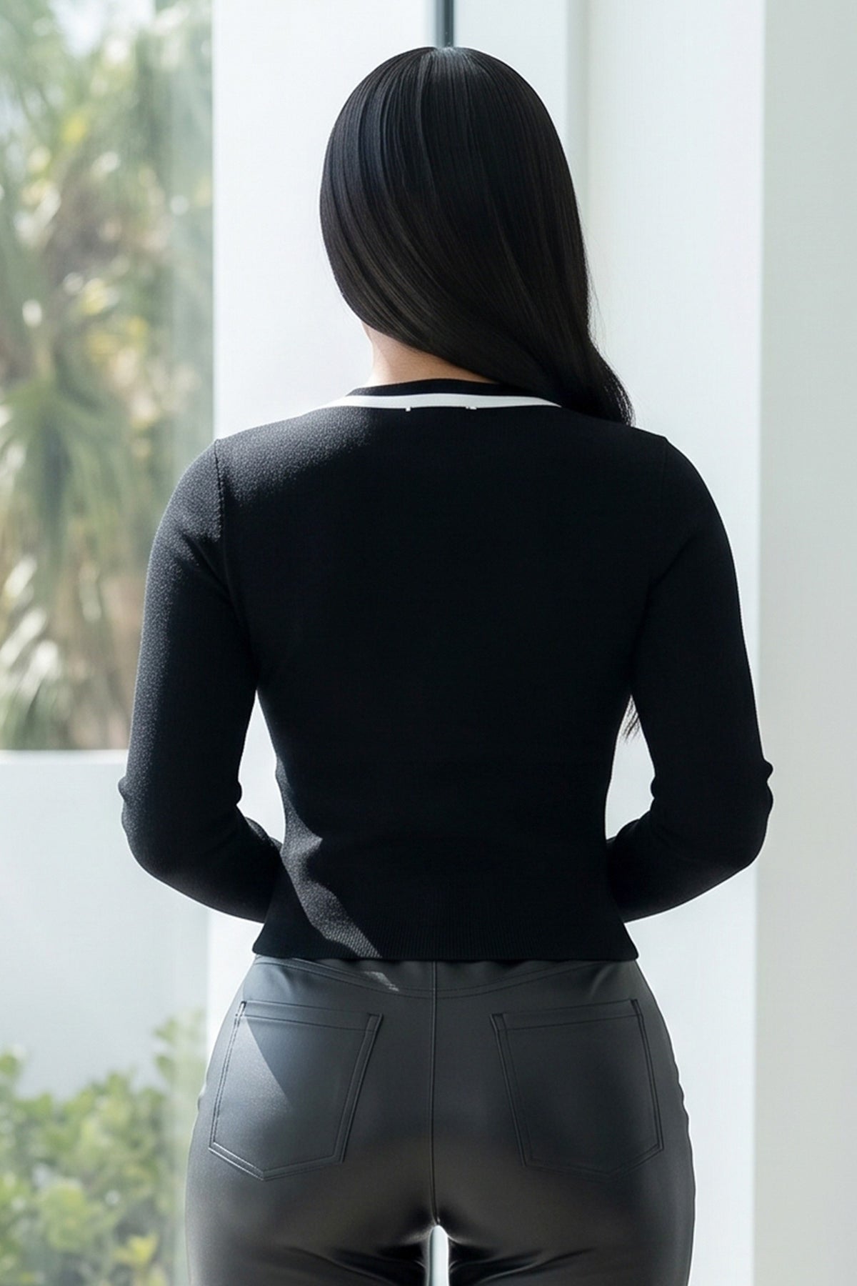Frog Closure Long Sleeve Line Contrast Knit Top