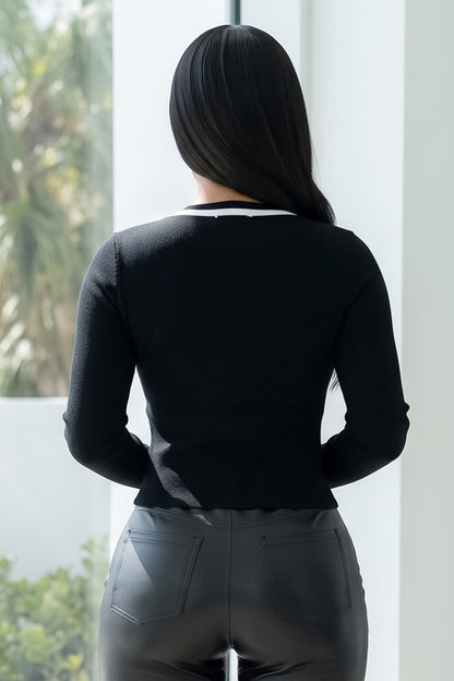 Frog Closure Long Sleeve Line Contrast Knit Top