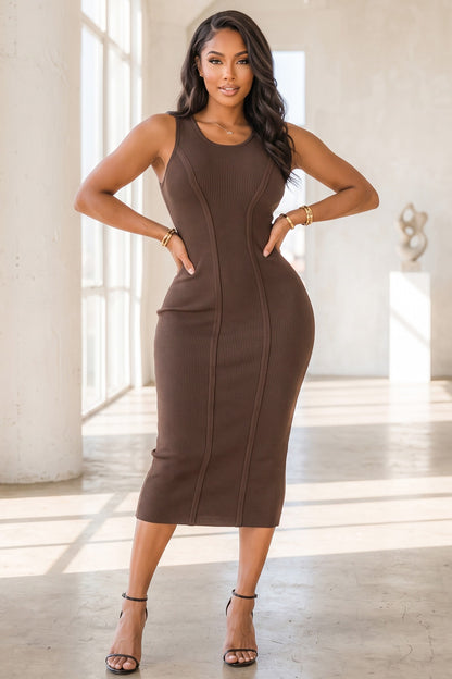 Sleeveless Piping Detail Knit Ribbed Bodycon Midi Tank Dress