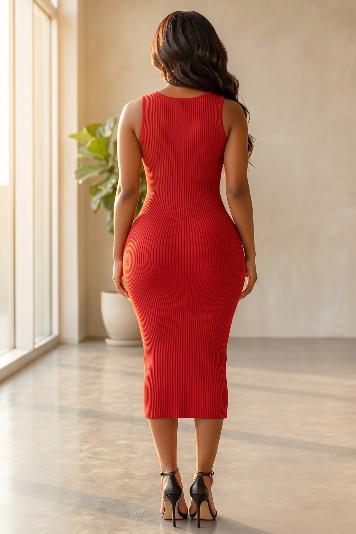 Sleeveless Piping Detail Knit Ribbed Bodycon Midi Tank Dress