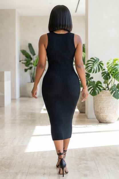 Sleeveless Piping Detail Knit Ribbed Bodycon Midi Tank Dress