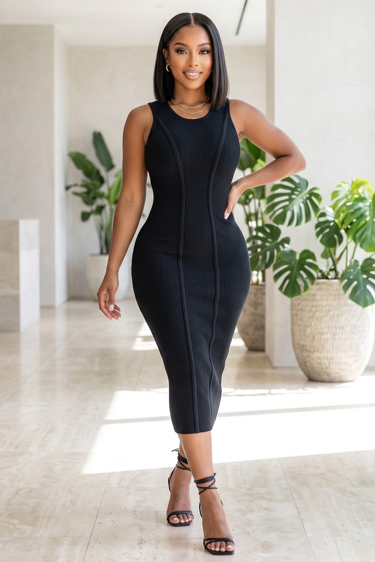 Sleeveless Piping Detail Knit Ribbed Bodycon Midi Tank Dress