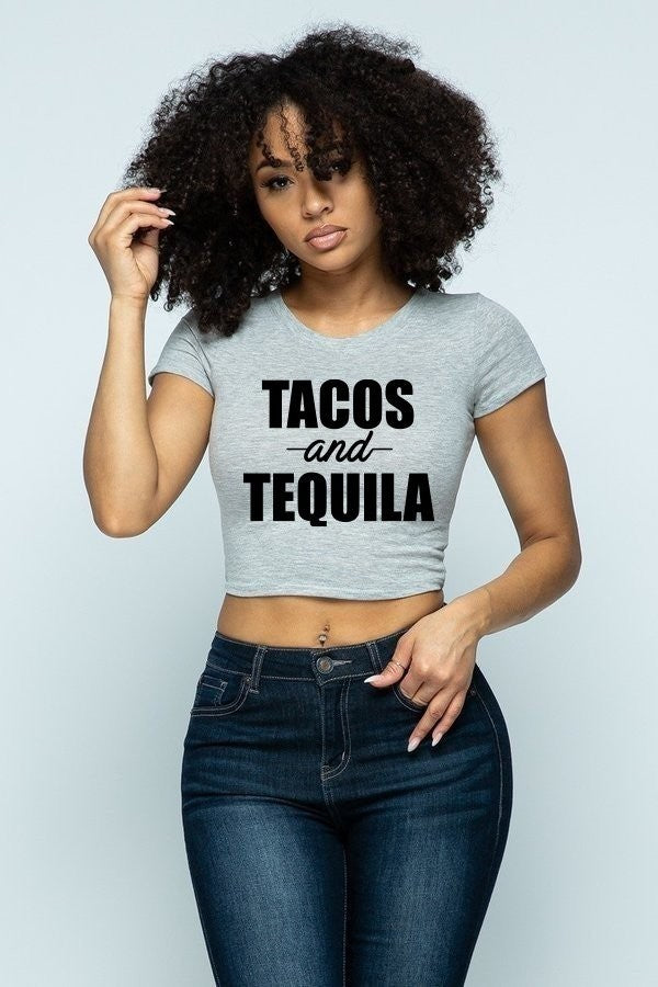 Tacos And Tequila Graphic Print Crop Top